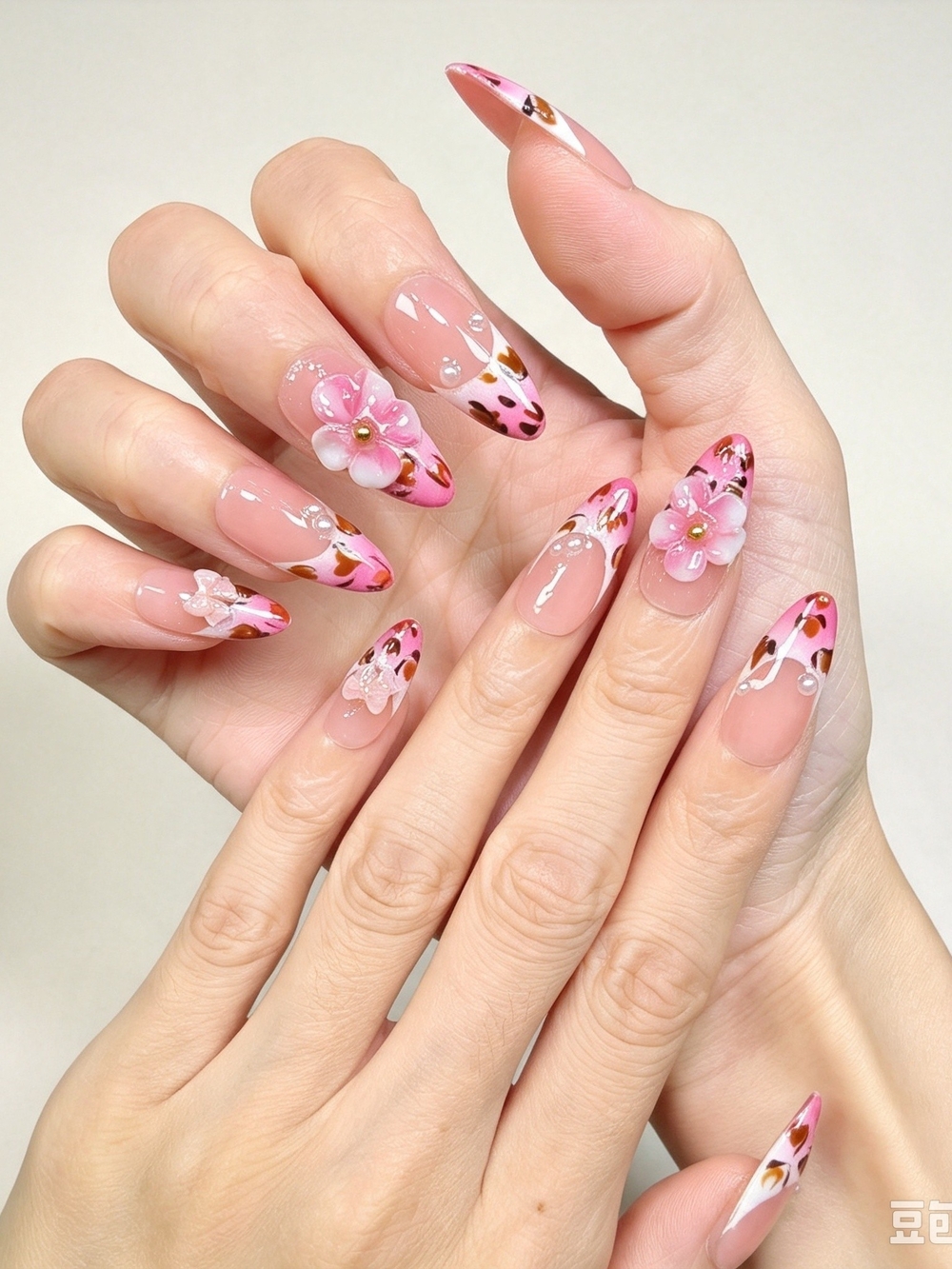 Nude Medium Almond Press On Nails With Pink Leopard French Tips 3D Pink Flowers